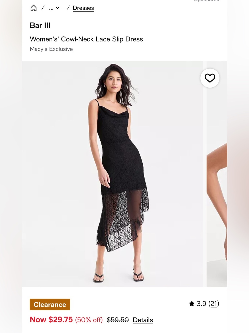 Bar III Black Cowl-Neck Lace High-Low Slip Dress